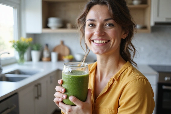 Woman smiling confidently after achieving health goals, holding a fresh green smoothie.
