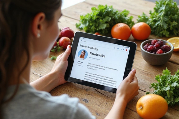 A person reading a nutrition blog on a tablet with healthy food in the background