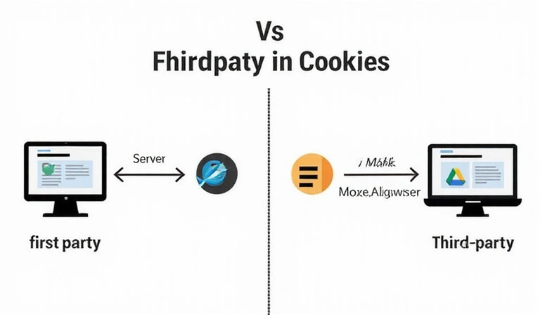 A diagram illustrating the difference between first-party and third-party cookies, showing data flow from a website and external services to a user's browser.