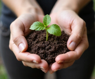 Hands holding a small plant sprouting from rich soil, representing growth, sustainability, and nurturing healthy habits.